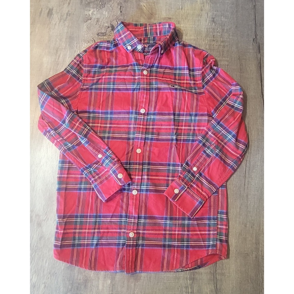 Vineyard Vines Whale Shirt Boys Small 8-10 Red Plaid Button Down Shirt EUC